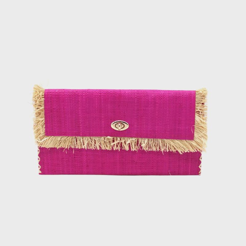 Sophie Straw Envelope Clutch Purse with Raw Fringe Trim Edge | Fuchsia