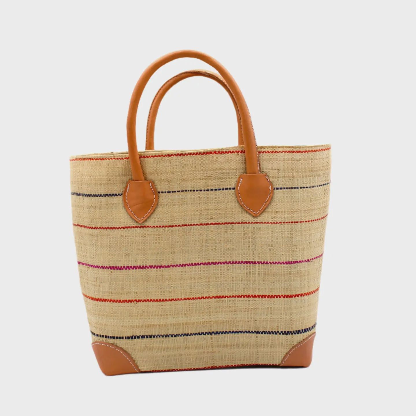 Augustine Straw Basket Bag - Fuchsia Coral Multi Pinstripe / Large