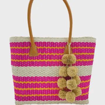 Imperial Sisal Basket Bag with Waterfall Pompoms | Small / Fuschia