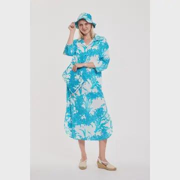 Gabriella Maxi Caftan Shirt Dress Big Coral White Blue