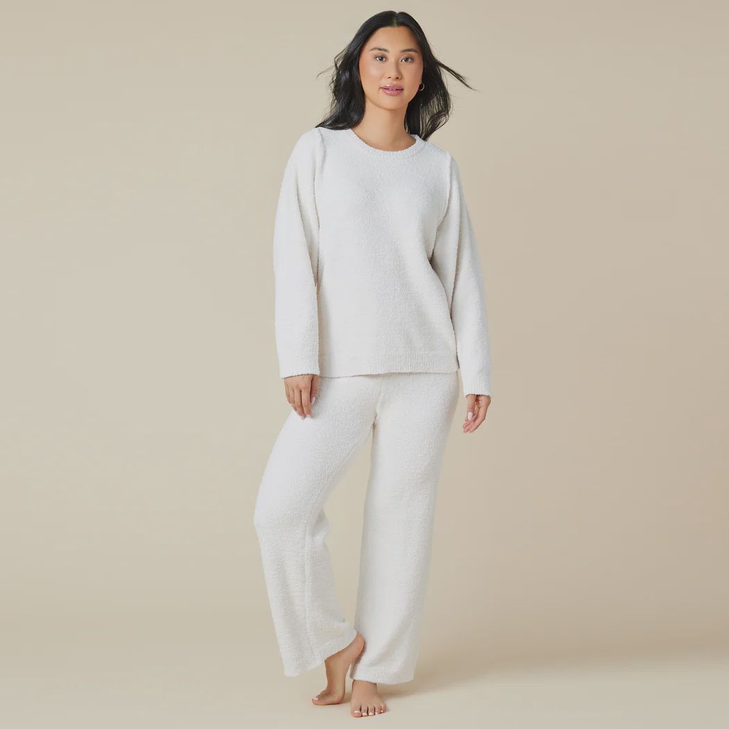 Solid Marshmallow Reverse Seam Crew Neck Lounge Set, Size/Color: 8900-8-Almond-L