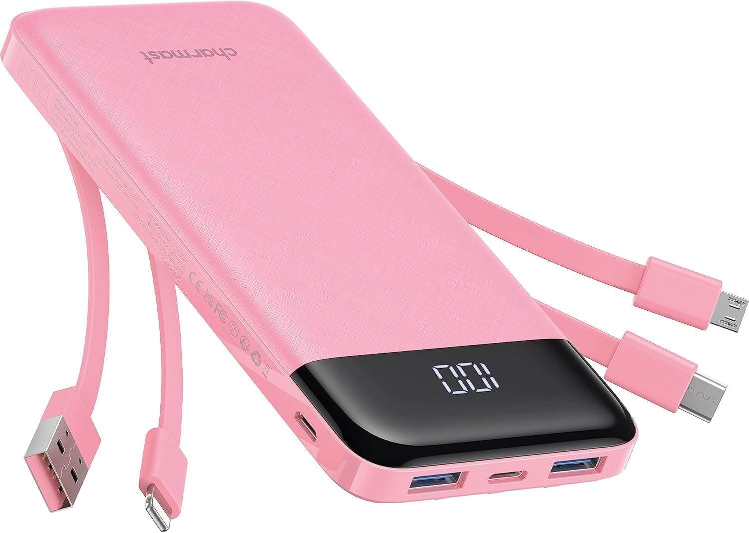 Portable Charger with Built in Cables, Color: Pink