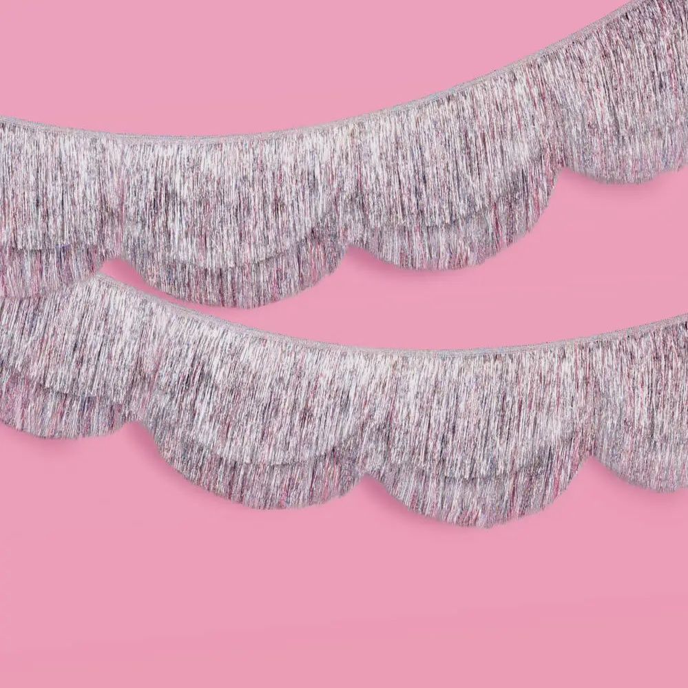 Silver Iridescent Scalloped Fringe Banner | 6 ft party decor