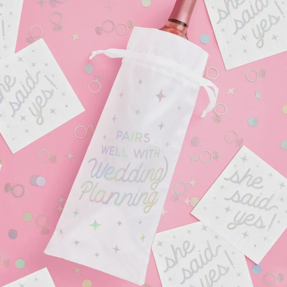 Just Engaged Wine Bag - white satin bottle bag