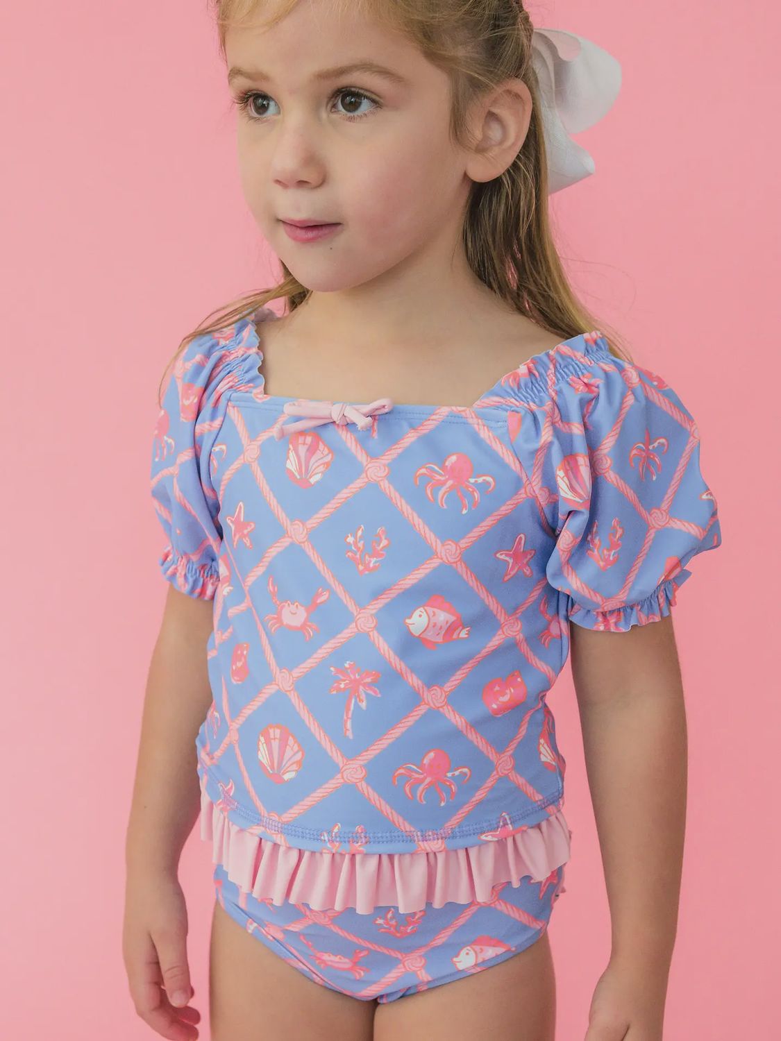 Girls Tropical Trellis Puff Sleeve Ruffle Tankini 2-Piece Swimsuit with Signature Rear Ruffles