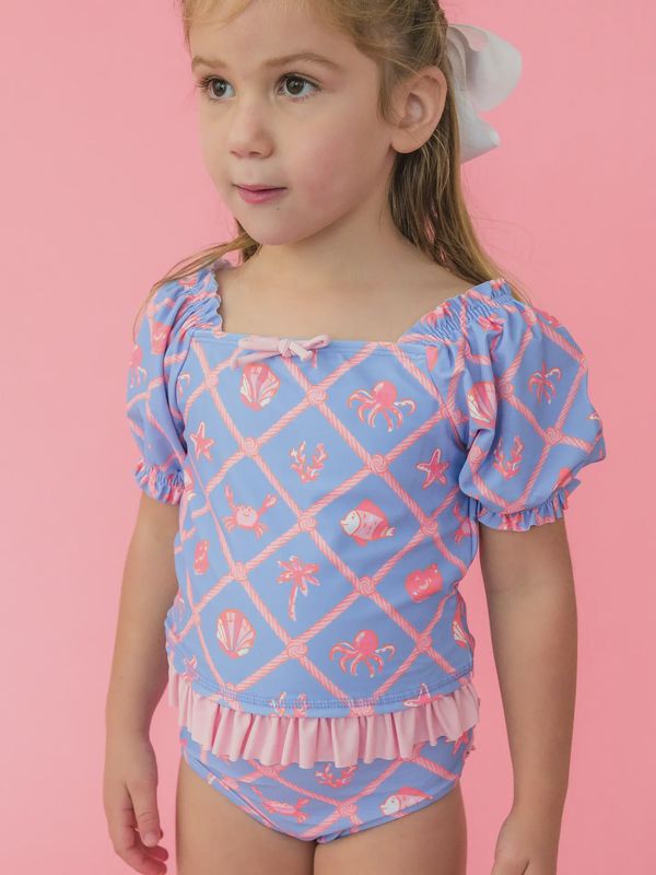 Girls Tropical Trellis Puff Sleeve Ruffle Tankini 2-Piece Swimsuit with Signature Rear Ruffles