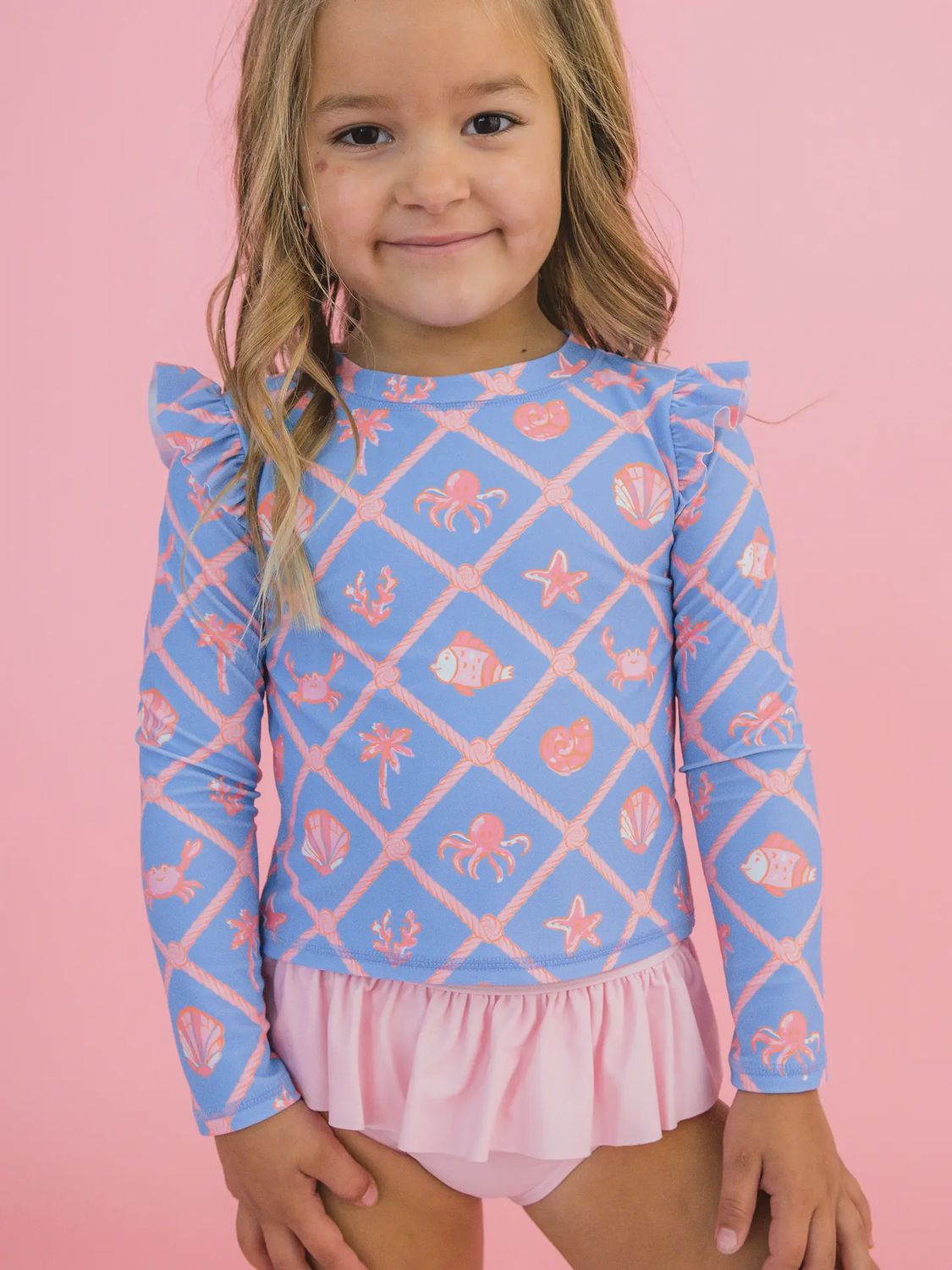 Girls Tropical Trellis Flutter Long Sleeve Rash Guard Skirted 2-Piece Swimsuit