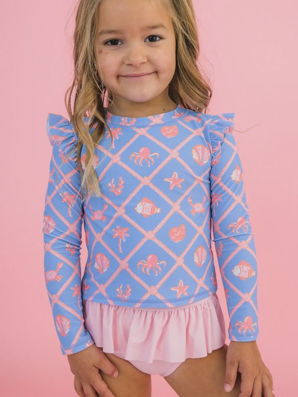 Girls Tropical Trellis Flutter Long Sleeve Rash Guard Skirted 2-Piece Swimsuit