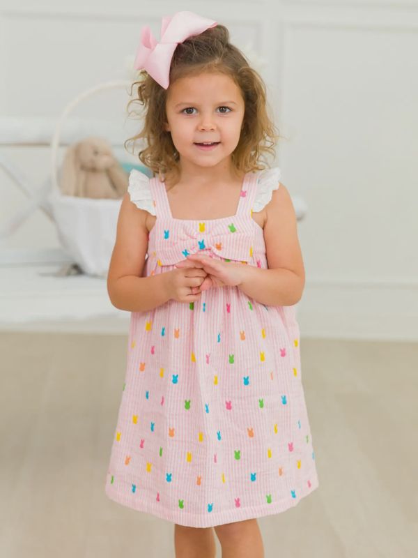 Girls Pink Bunny Stripe Cotton Gauze Flutter Bow Woven Dress