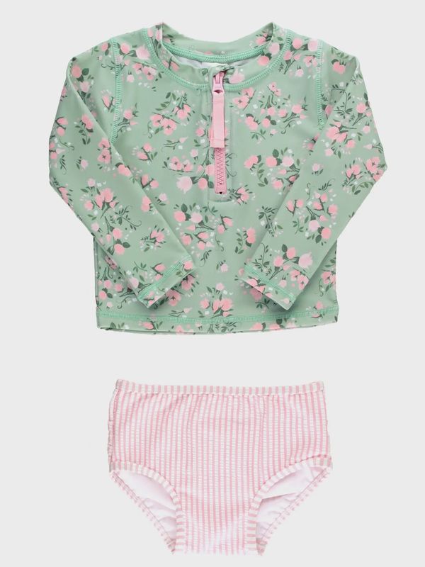 Girls Tea Roses Long Sleeve Zipper Rash Guard 2-Piece Swimsuit with Signature Rear Ruffles