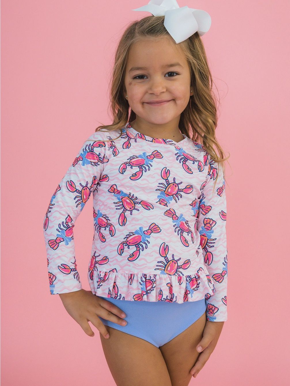 Girls Pink Lobster Lagoon Long Sleeve Rash Guard 2-Piece Swimsuit with Signature Rear Ruffles