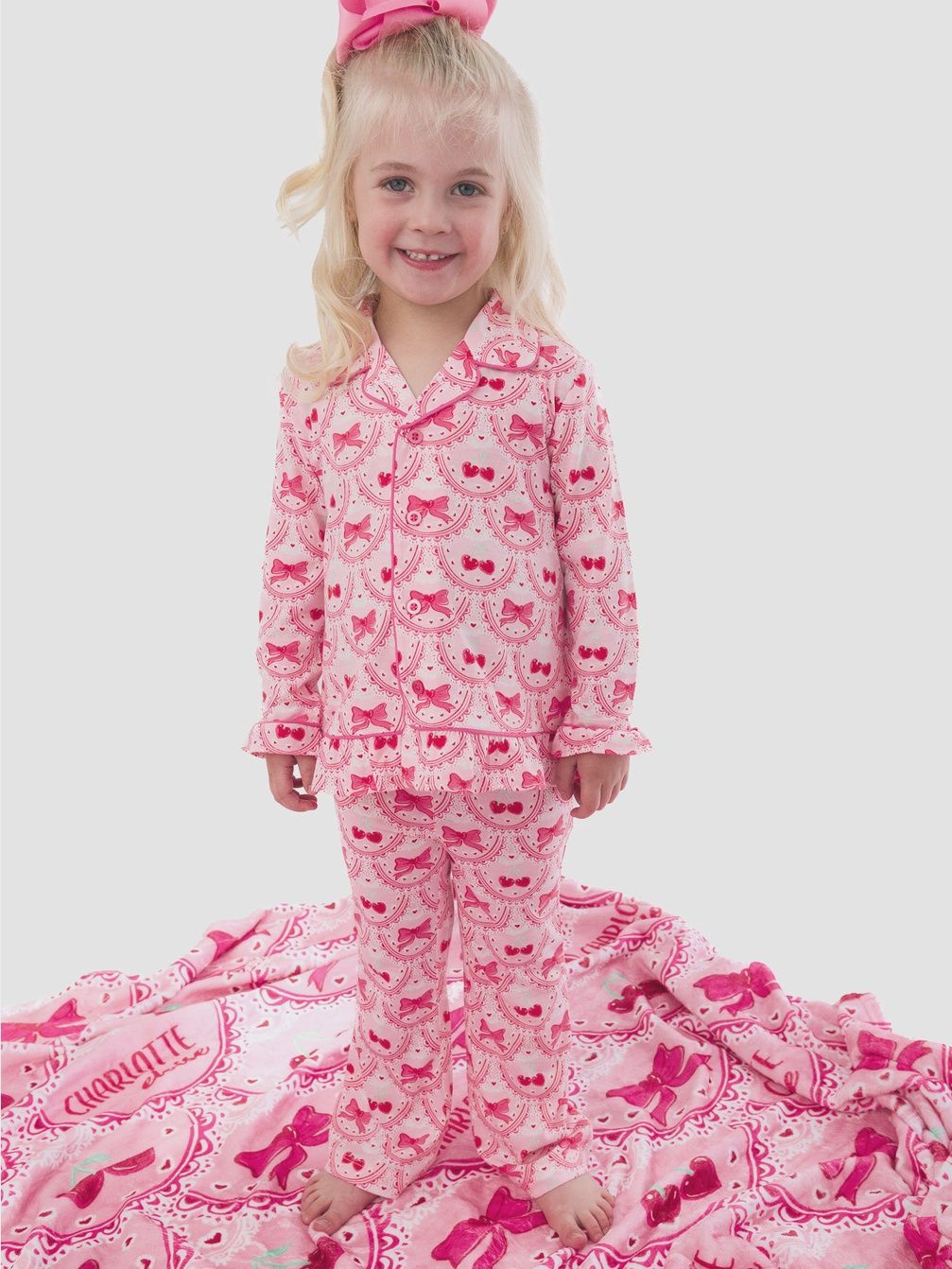 SoftSnooze™ Girls Love You Cherry Much Long Sleeve Button Up Ruffle Flare Pajama Set