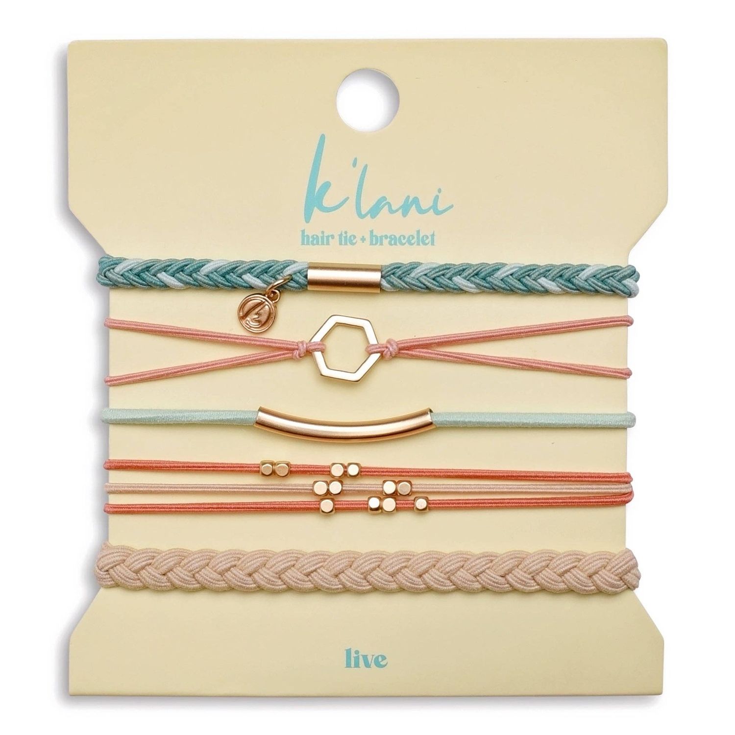 "Live" Teal and Coral with Gold Accent Hair Tie Bracelets, Size: Medium