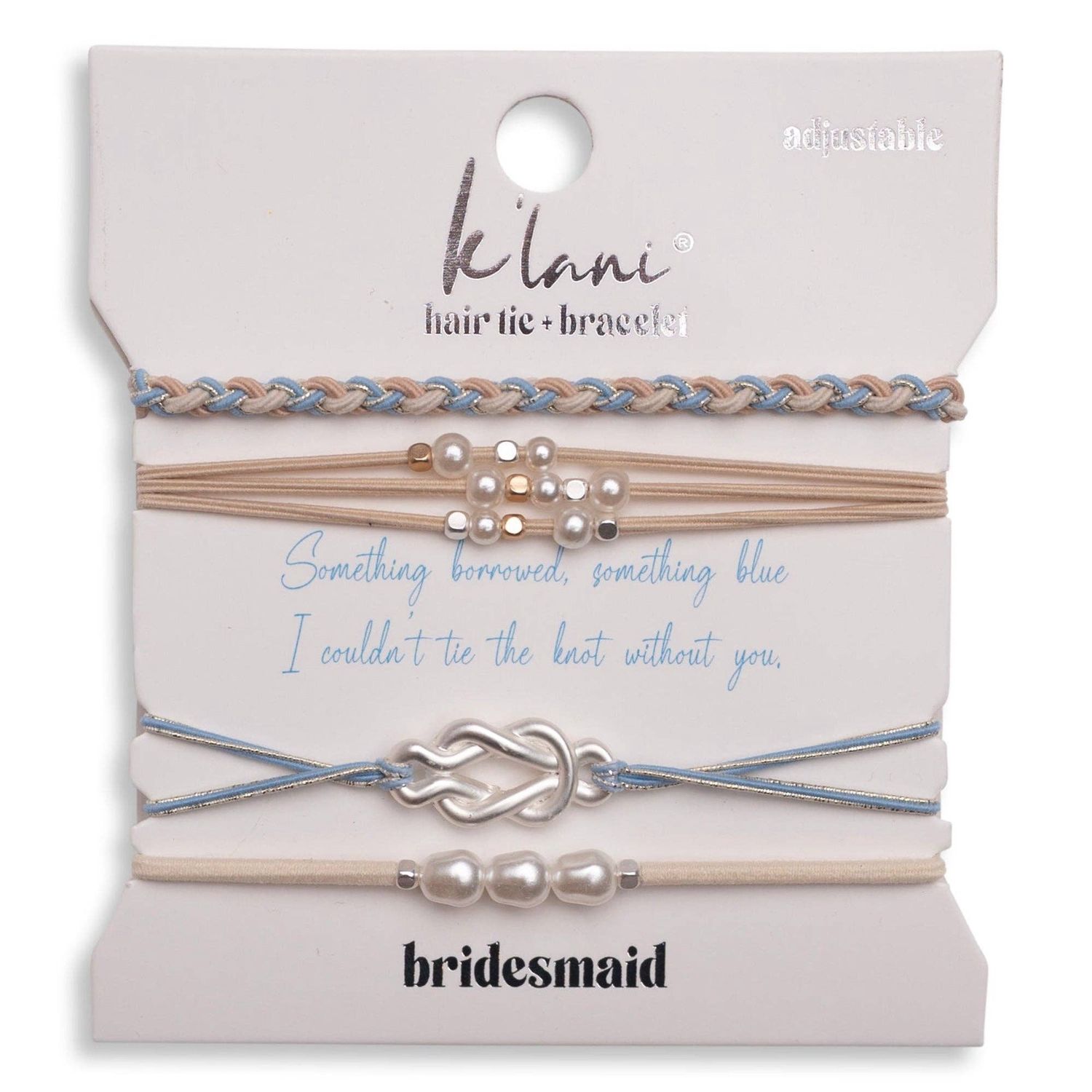 "Bridesmaid" Cream and Blue with Pearl Accent Hair Tie Bracelets
