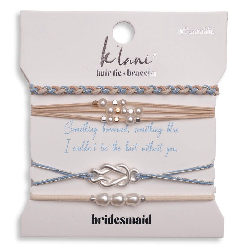 "Bridesmaid" Cream and Blue with Pearl Accent Hair Tie Bracelets