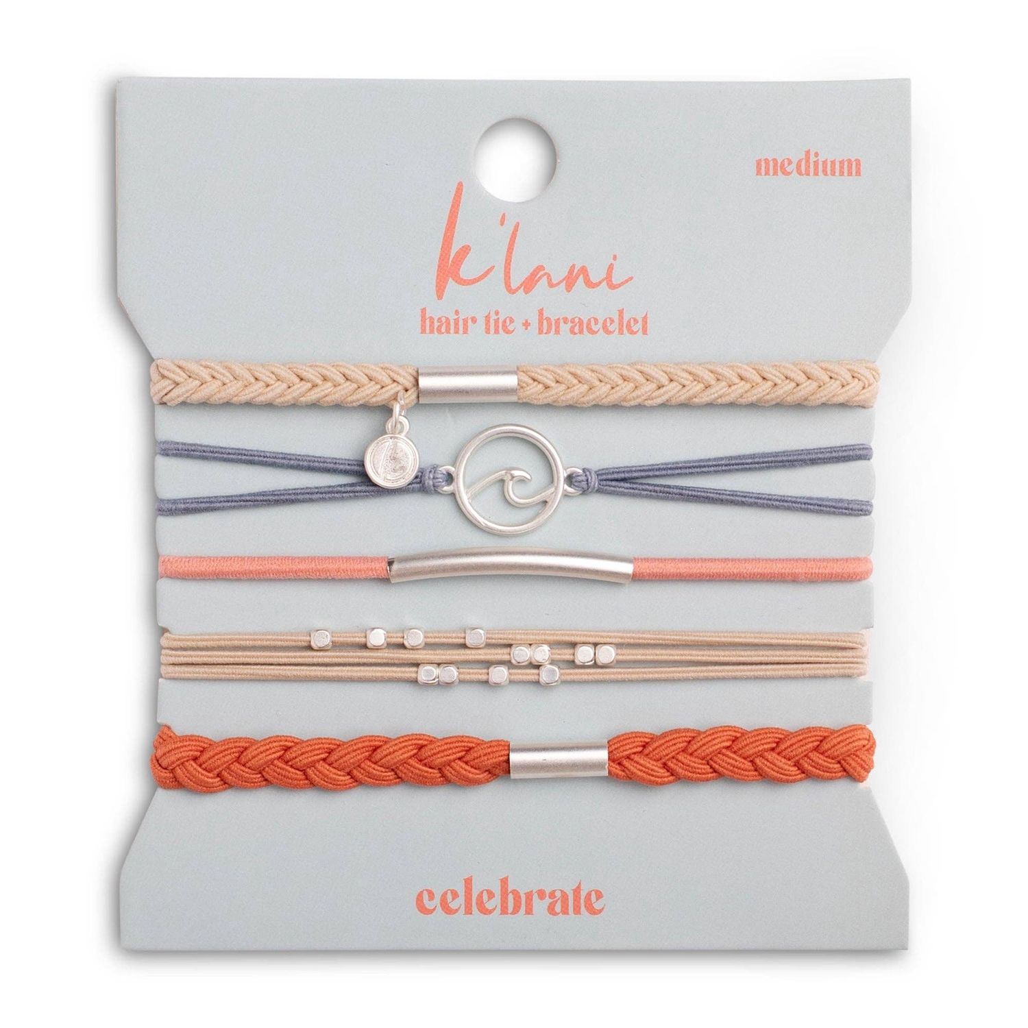 "Celebrate" Blues and Corals With Silver Wave Charm Hair Tie Bracelets