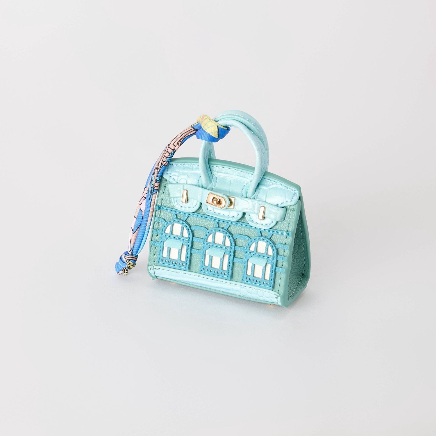 House Printed Faux Leather Mini Purse /Bag Charm, Color: Blue