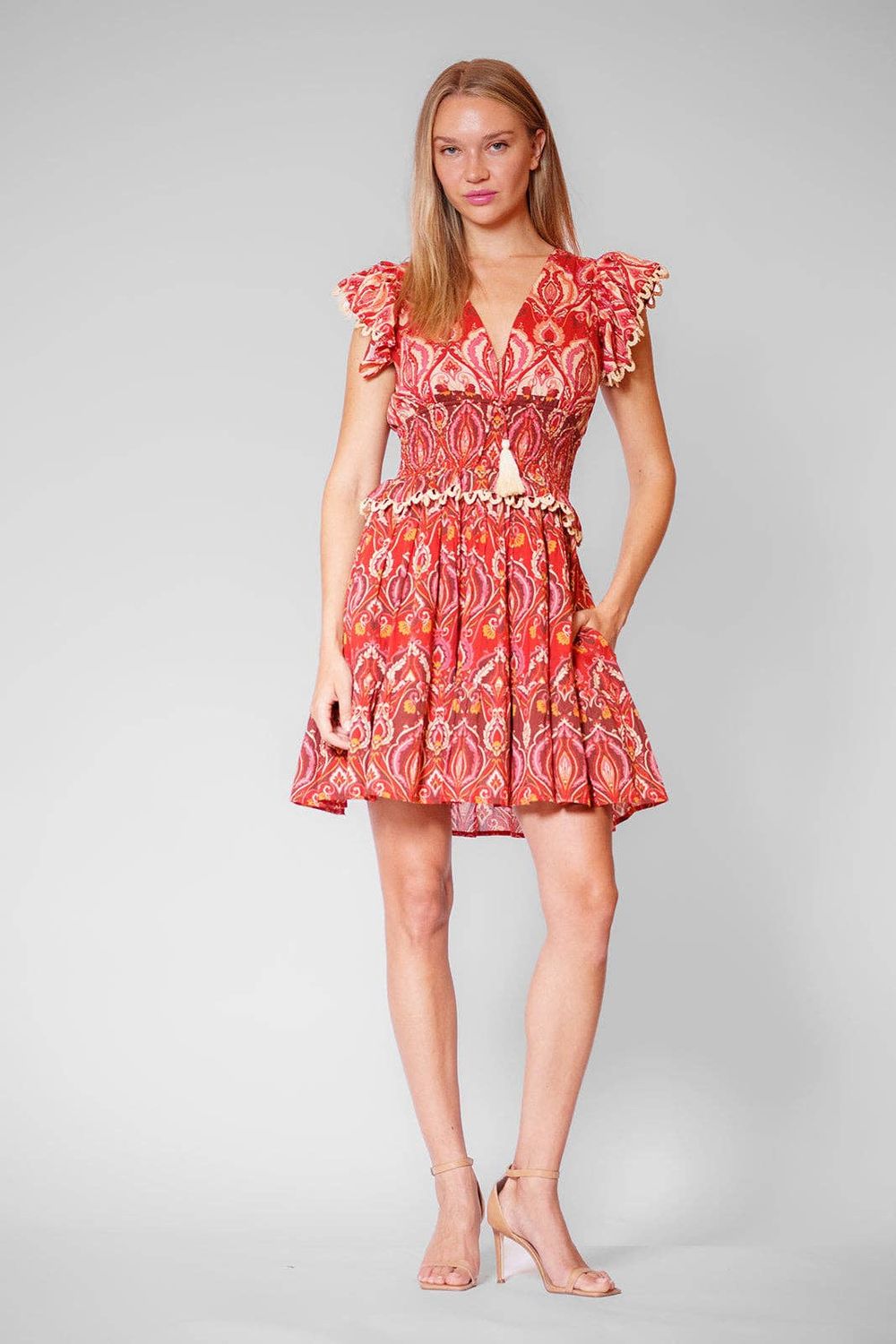 SHORT DRESS W SMOCKED WAIST &amp; TRIM DETAILS, Color: RED MULTI, Size: S