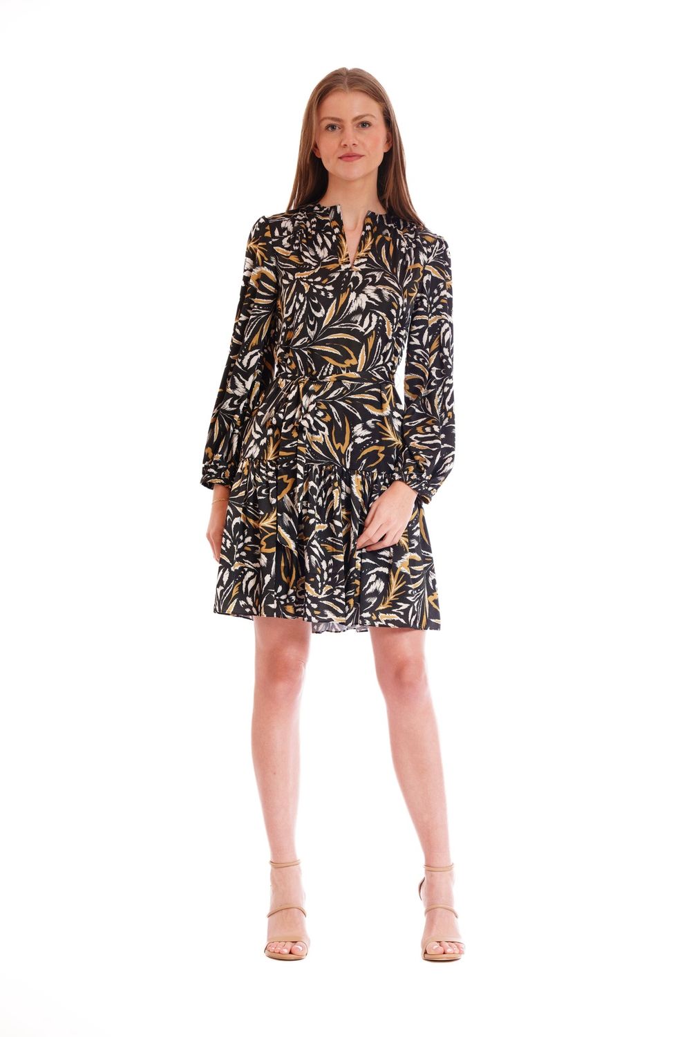 LONG SLEEVE SHORT DRESS W SELF SASH(1), Color: BLACK MULTI, Size: S