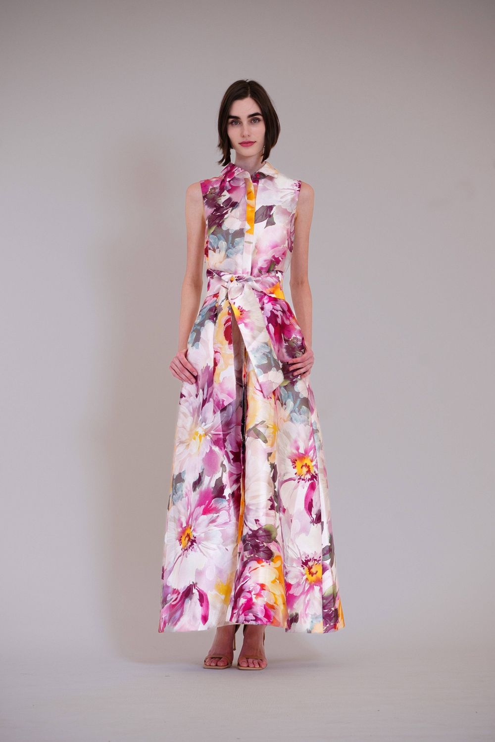 SLVLESS COLLARED SHIRTDRESS GOWN, Color: PINK MULTI, Size: 8