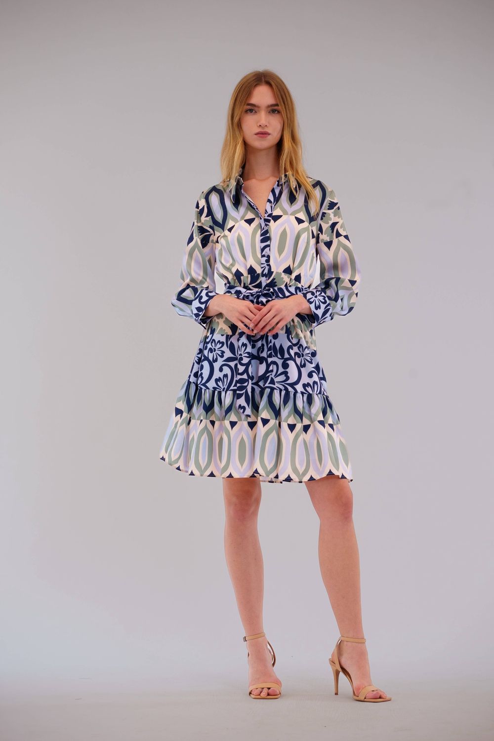 COLLARED SHIRT DRESS W/ BOTTOM RUFFLE, Size / Color: Green Multi/XS