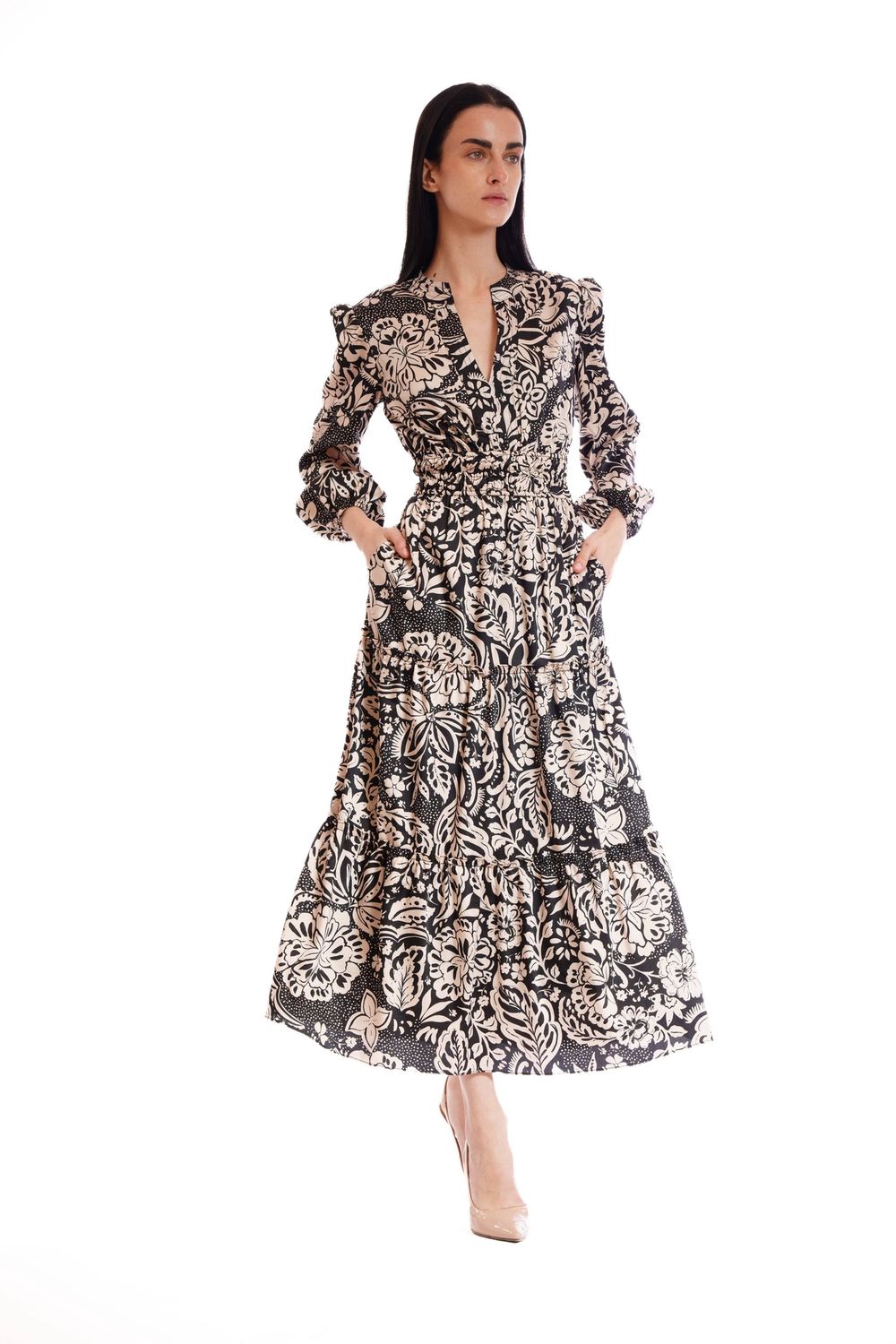 LONG SLEEVE V NECK ELASTIC WAIST TIERED DRESS, Color: BLACK BEIGE, Size: 6