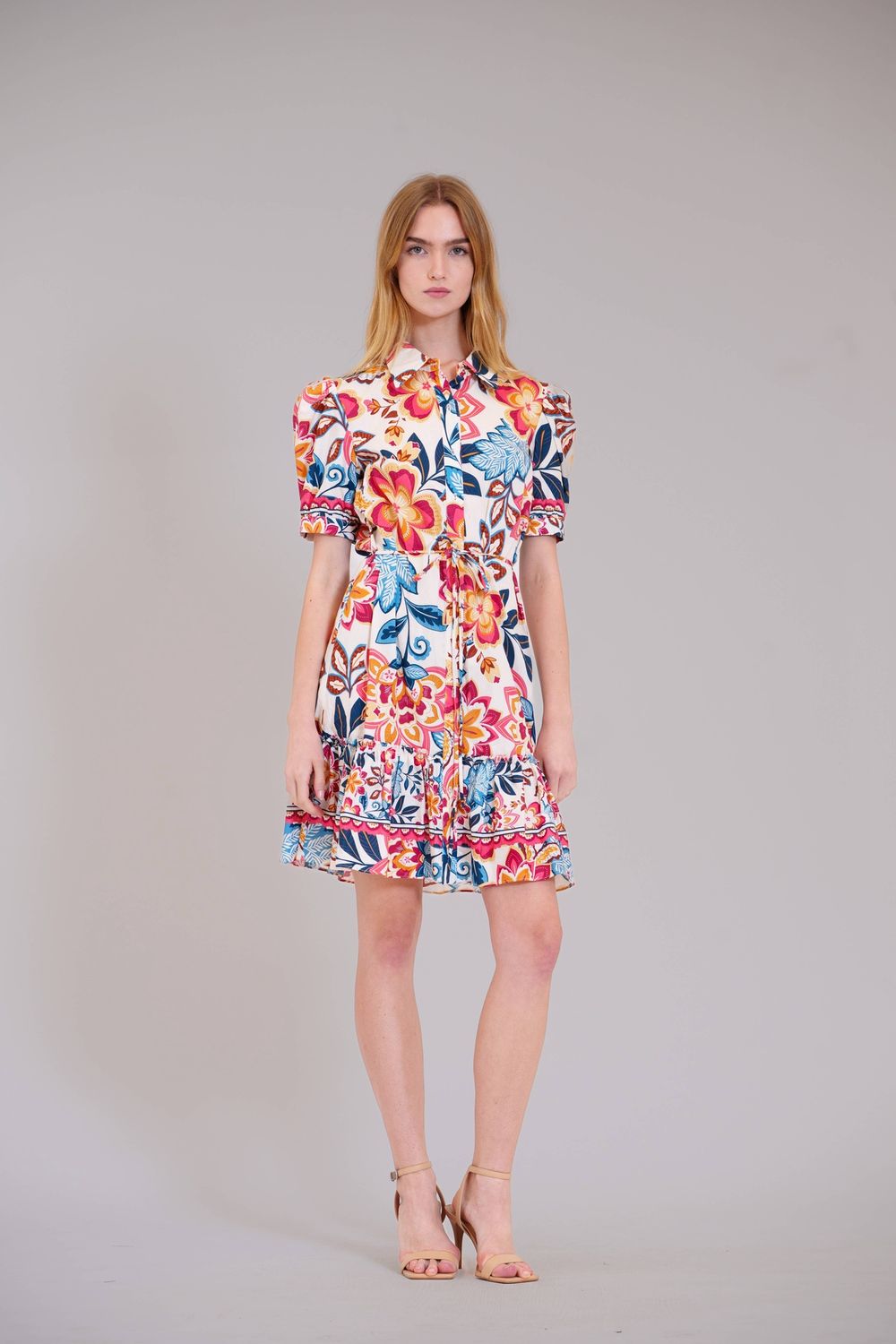 BALLOON SLV COLLARED BUTTON UP SHIRT DRESS, Color: IVORY MULTI, Size: XS