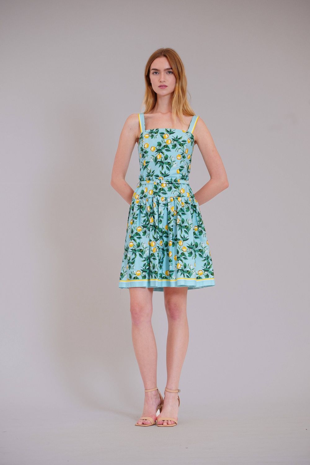 SQUARE NECK DROPWAIST SHORT DRESS W SELF BELT, Color: BLUE MULTI, Size: 2