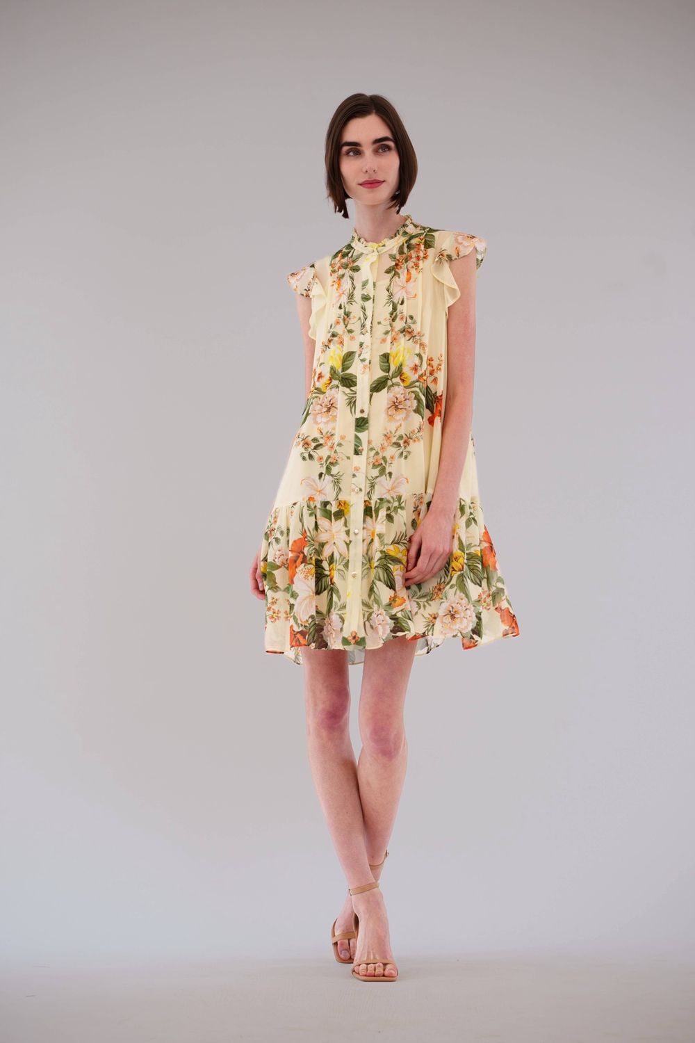 SHORT DRESS W/ FLUTTER SLV &amp; PLEATED DETAILS, Color: Yellow Multi, Size: S