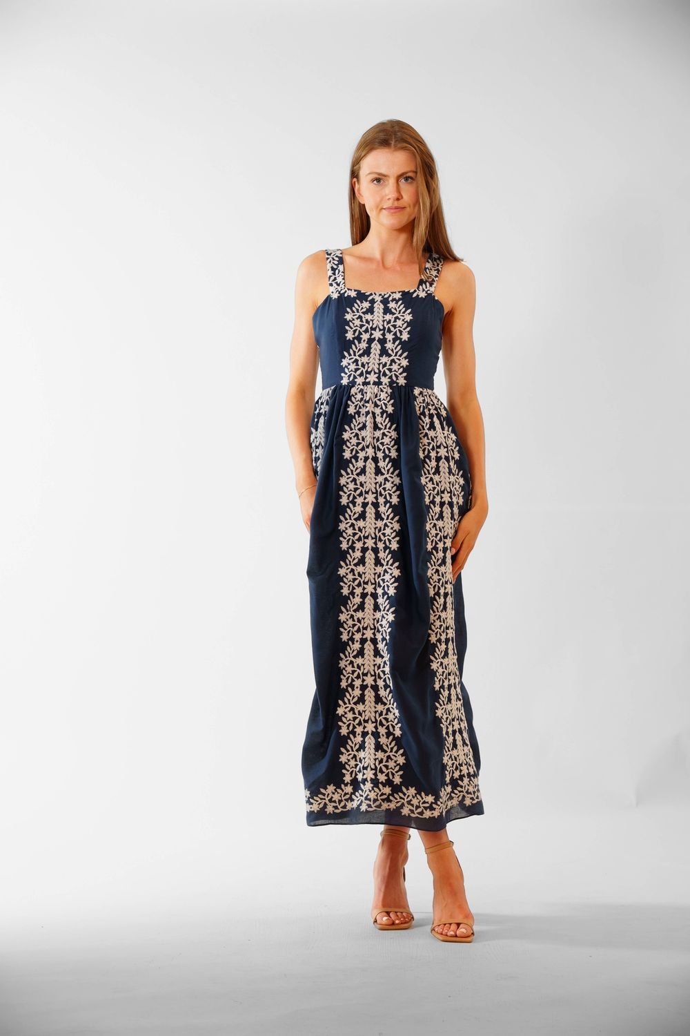 SHOULDER STRAP MAXI DRESS, Color: NAVY IVORY, Size: 6