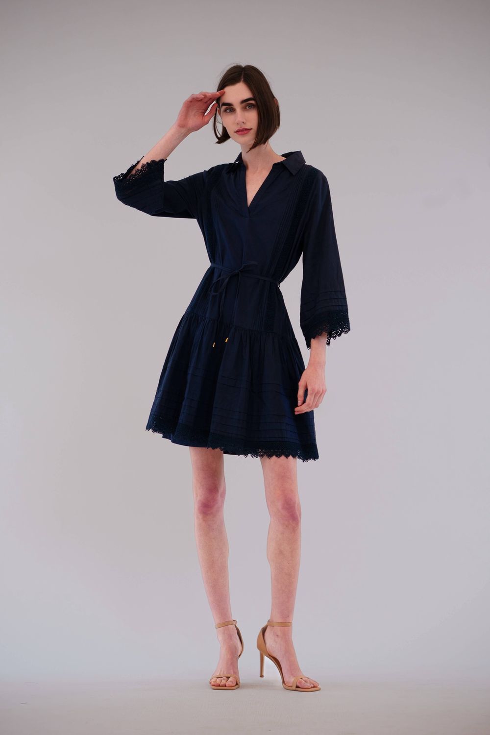 POPLIN SHORT DRESS W WAIST TIE, Color: NAVY, Size: XS