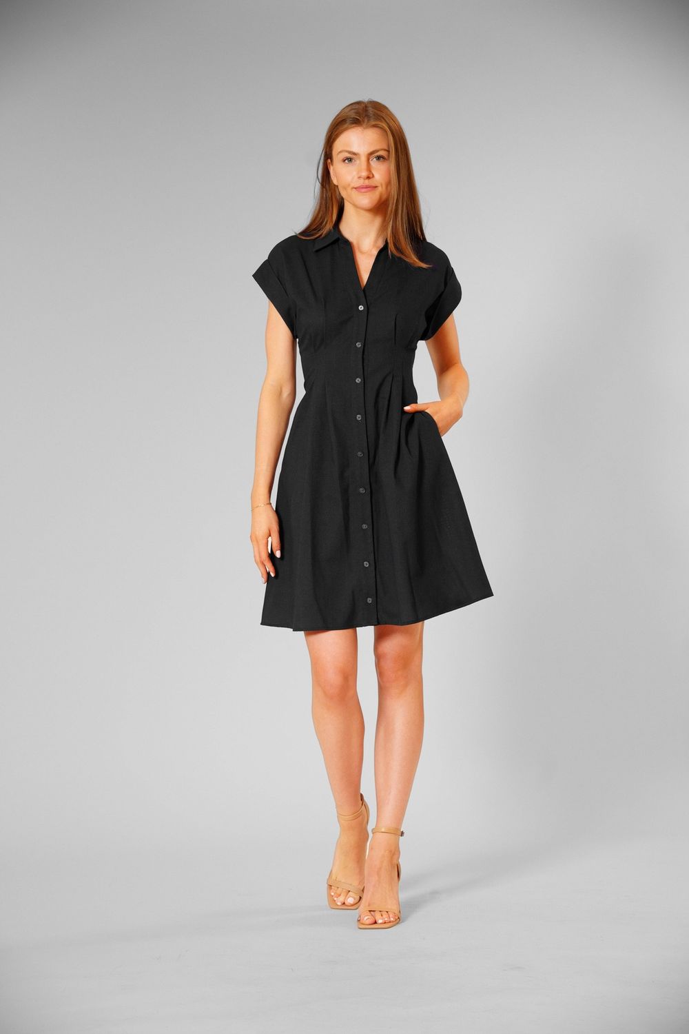 SHORT SLEEVE V NECK MIDI SHIRT DRESS, Color: Black, Size: 2