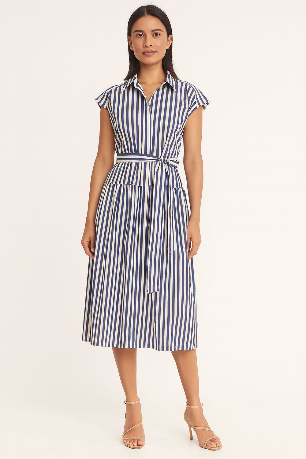 CAP SLV MIDI DRESS W TIE WAIST, Color: BLUE MULTI, Size: S