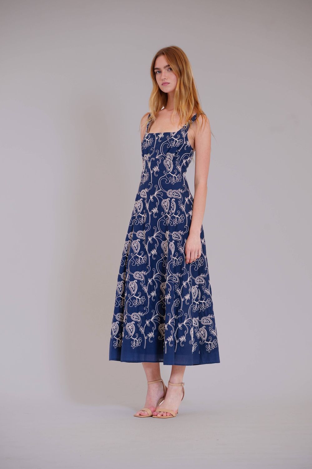 SLVLESS COTTON MIDI DRESS W/ SQUARE NECK, Color: navy multi, Size: 2
