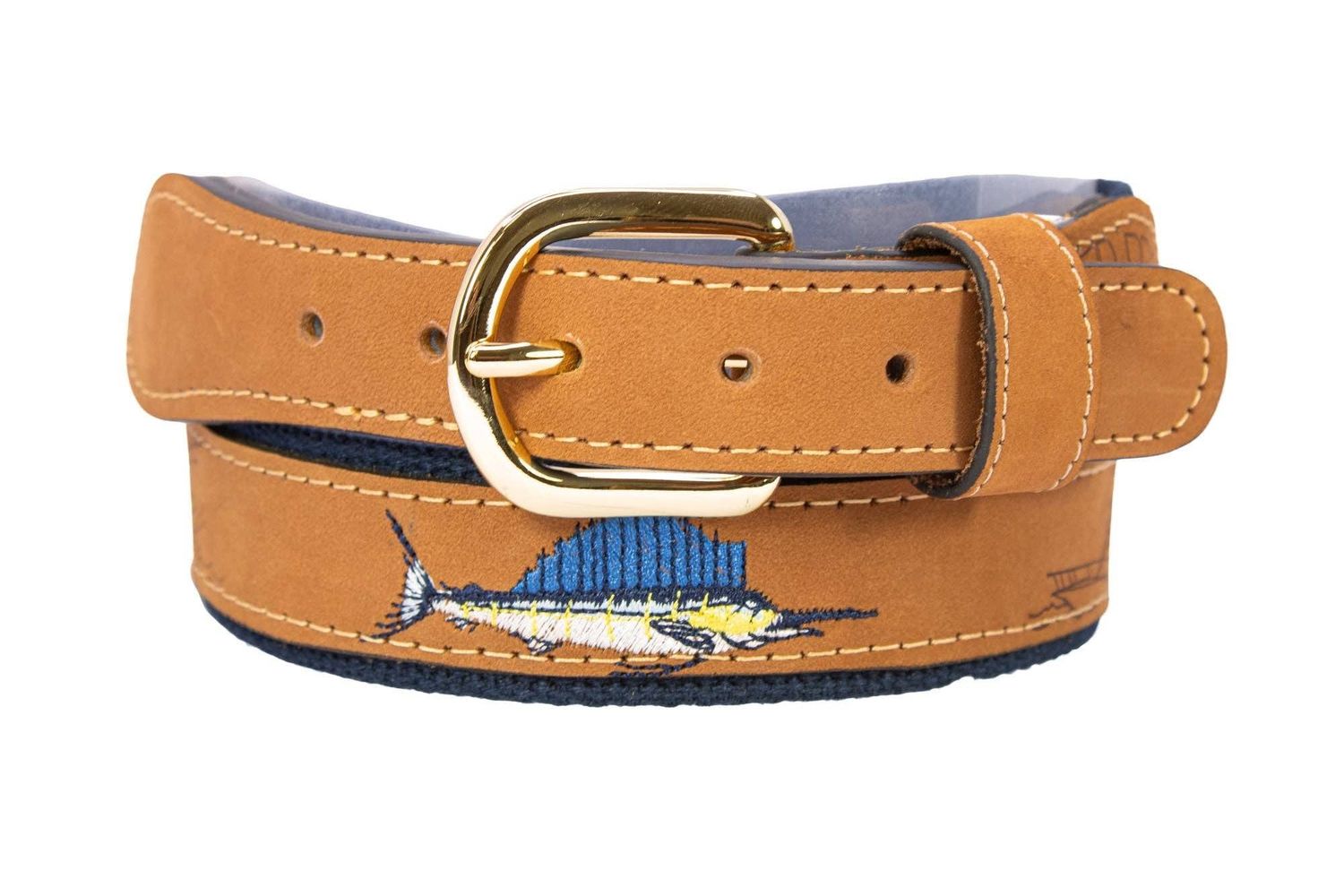Sailfish Embroidered Nubuck Tan Leather Belt., Color: Navy, Size: 38