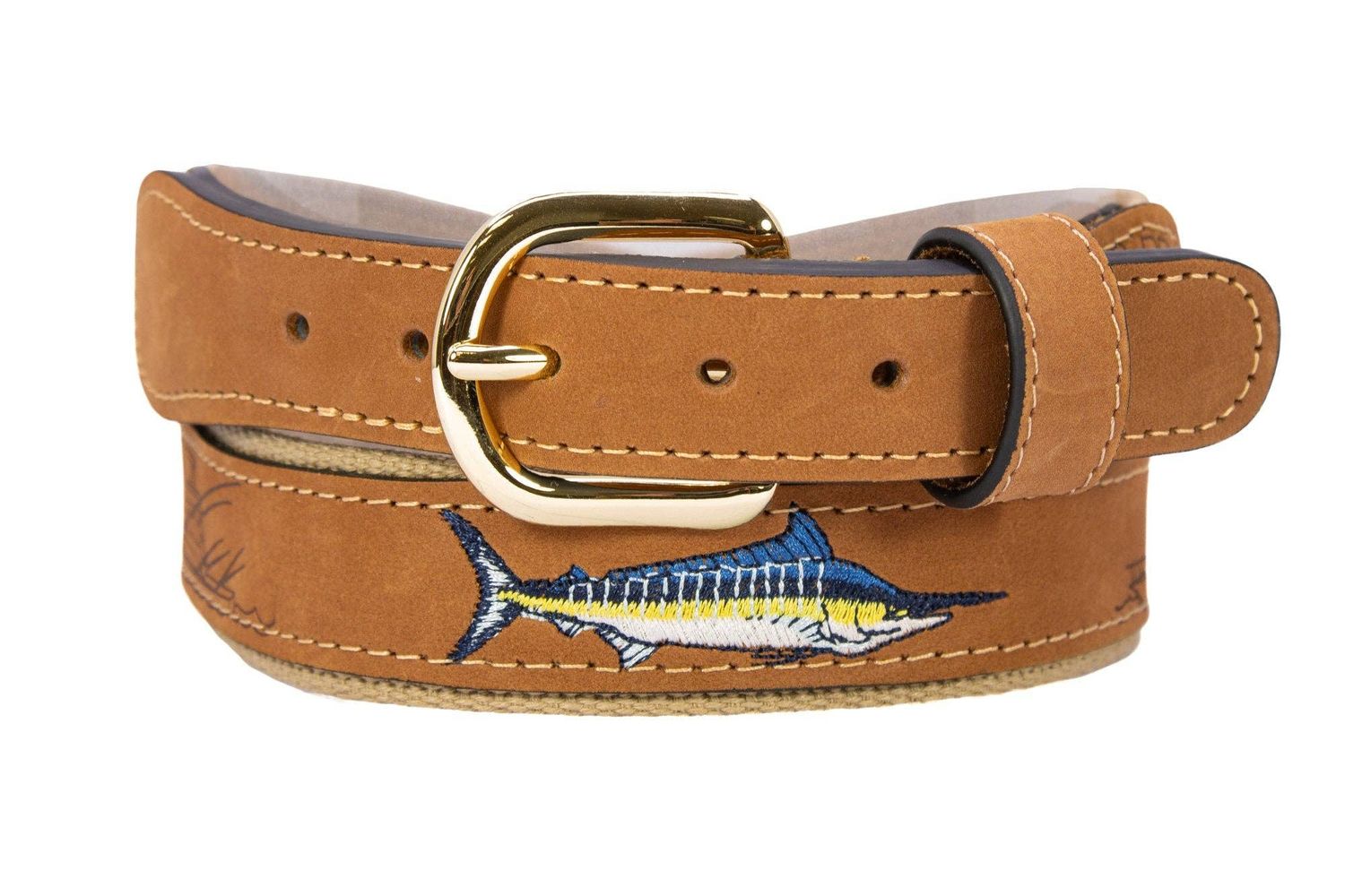 Marlin Embroidered Nubuck Tan Leather Belt., Color: Buff, Size: 38