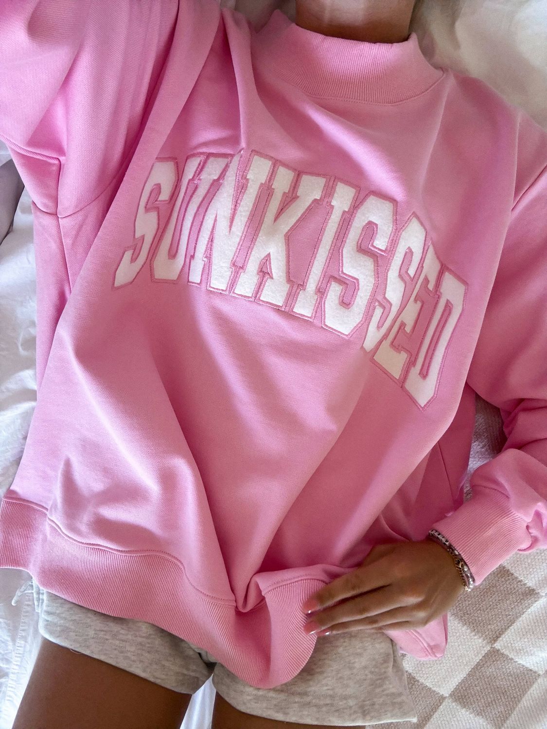 Lottie Pink Varsity Sunkissed Embroidered Mockneck Sweatshirt 100% Cotton, Color: Lottie Pink, Size: XS