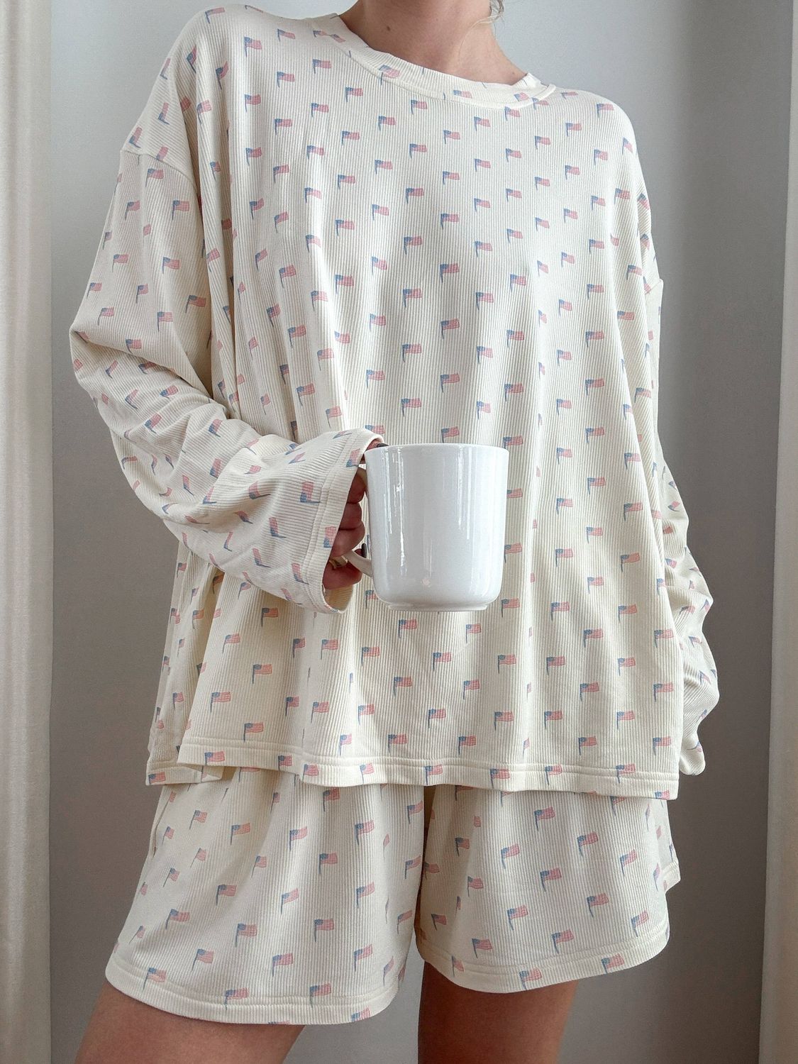 White American Flag Pajama Pattern Top, Color: Cozy White, Size: Small, Style: Long Sleeve Top
