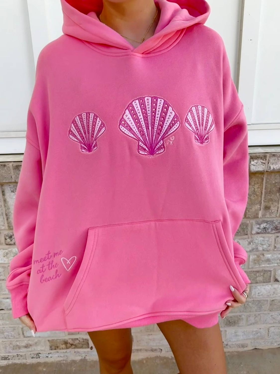 Seashell Embroidered Hoodie, Color: Hibiscus Pink, Size: Small