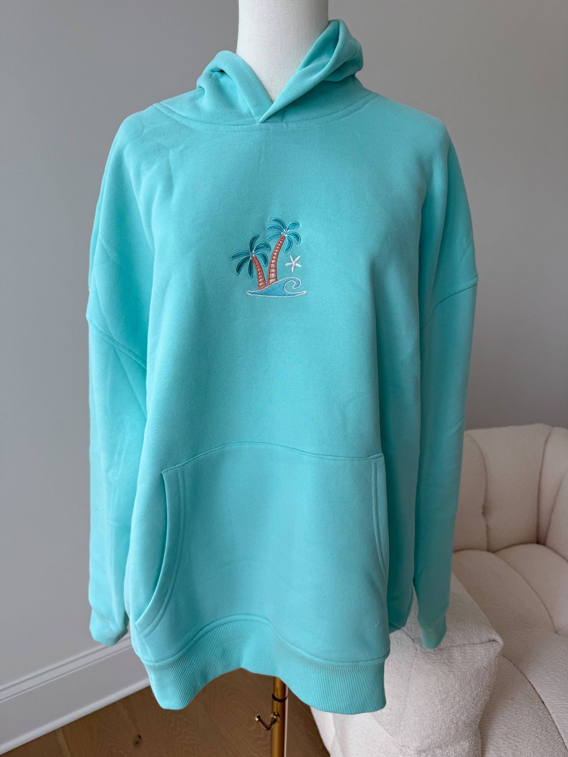 Ocean Gem Embroidered Hoodie, Color: Tropical Turquoise, Size: Large
