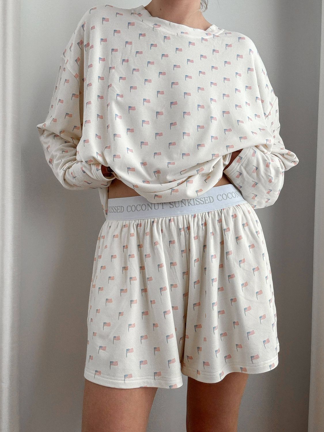 White American Flag Pajama Pattern Shorts, Color: Cozy White, Size: Small, Style: Shorts
