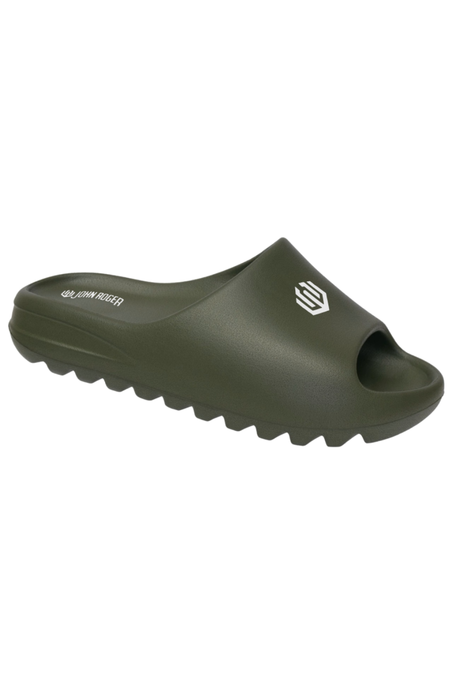 Chinelo estilo slide na cor verde militar com design minimalista. Possui uma faixa larga frontal com a logomarca da &#39;John Roger&#39; desenhada. Com um solado tratorado, garante a aderência em diversas superfícies. 