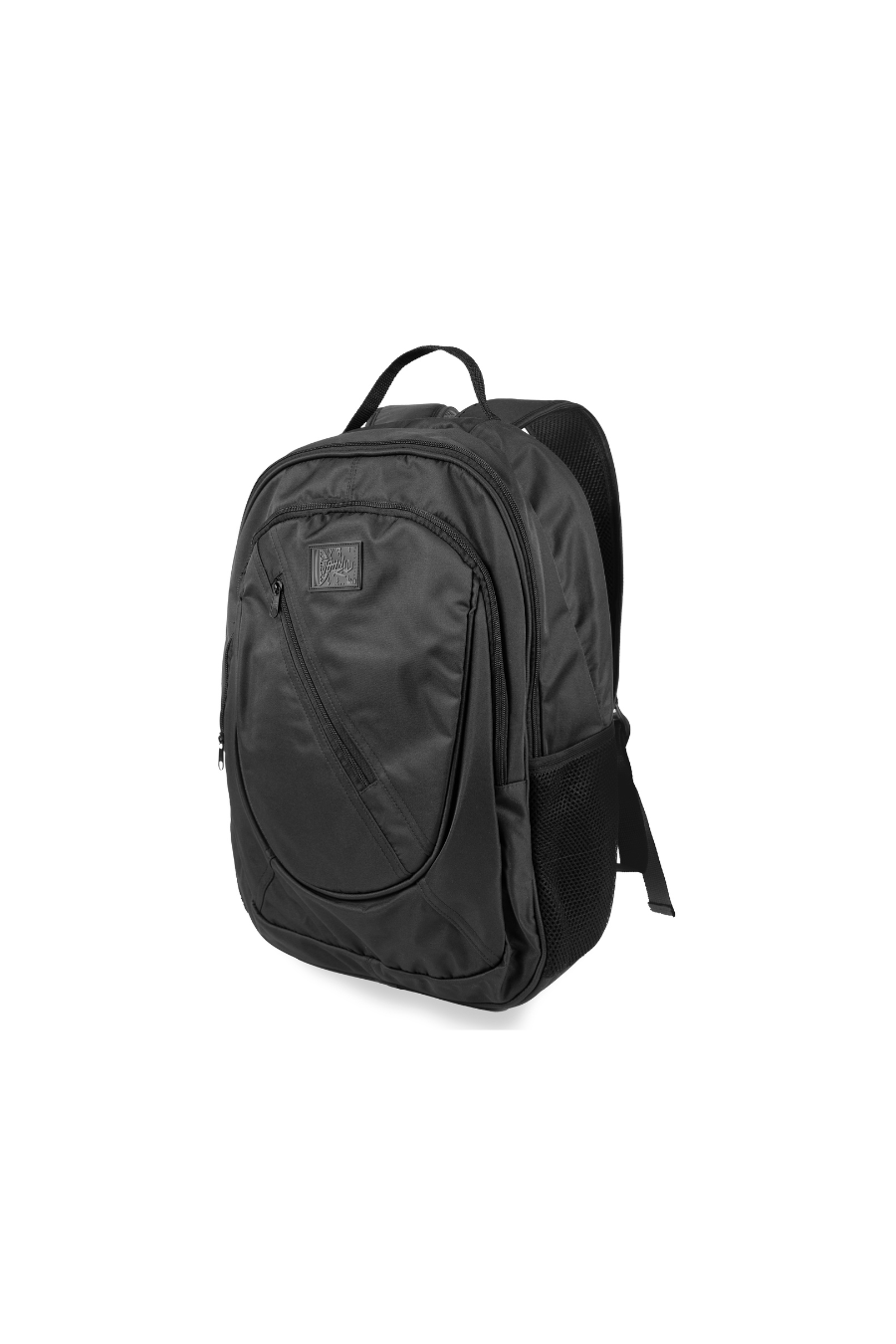 Mochila de tamanho grande multifuncional na cor preta. Possui 3 compartimentos externos frontais com fechamento em zíper e dois laterais telados para guardar garrafas. Também conta com alças traseiras estofadas e uma alça de mão, além de uma etiqueta emborrachada na parte frontal, que apresenta um padrão geométrico e o nome &#39;JOHN ROGER&#39;.