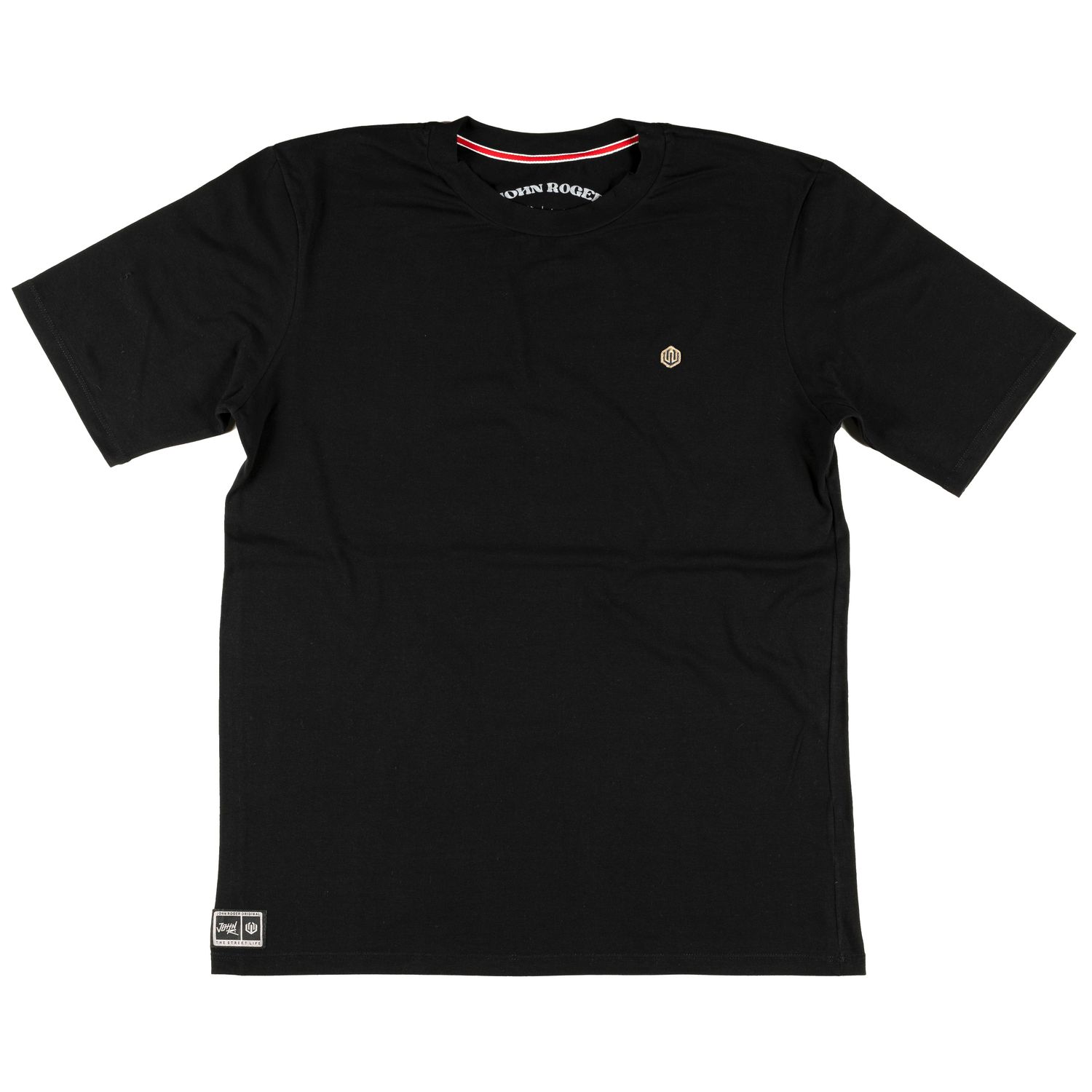 camiseta masculino manga curta preto, logo pequena no lado esquerdo do peito, etiqueta na barra