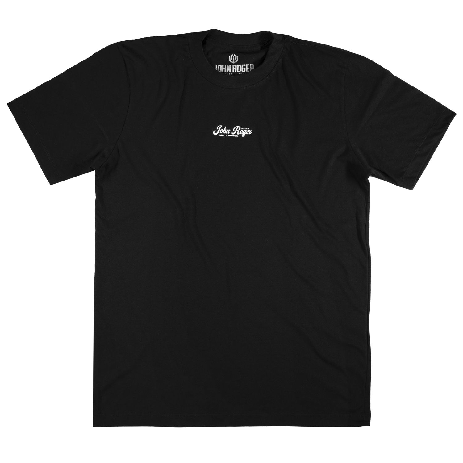 Men&#39;s black short-sleeve T-shirt with a front print that says &quot;John Roger.&quot;