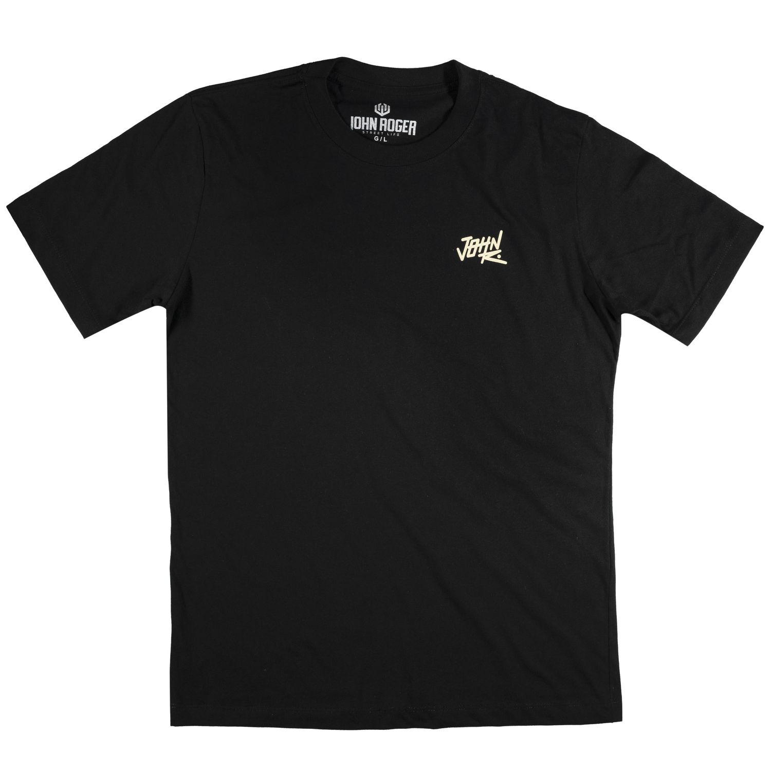 Men&#39;s black short-sleeve T-shirt John Roger with a front print that says &quot;JOHN&quot; in yellow.