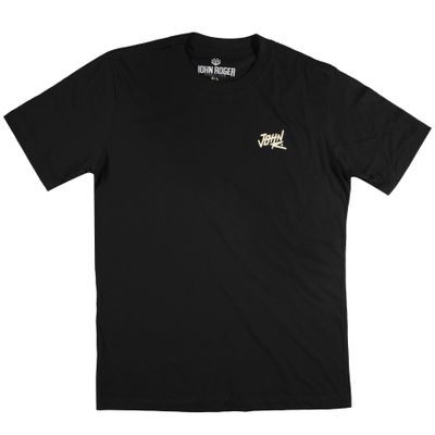 Men&#39;s black short-sleeve T-shirt John Roger with a front print that says &quot;JOHN&quot; in yellow.
