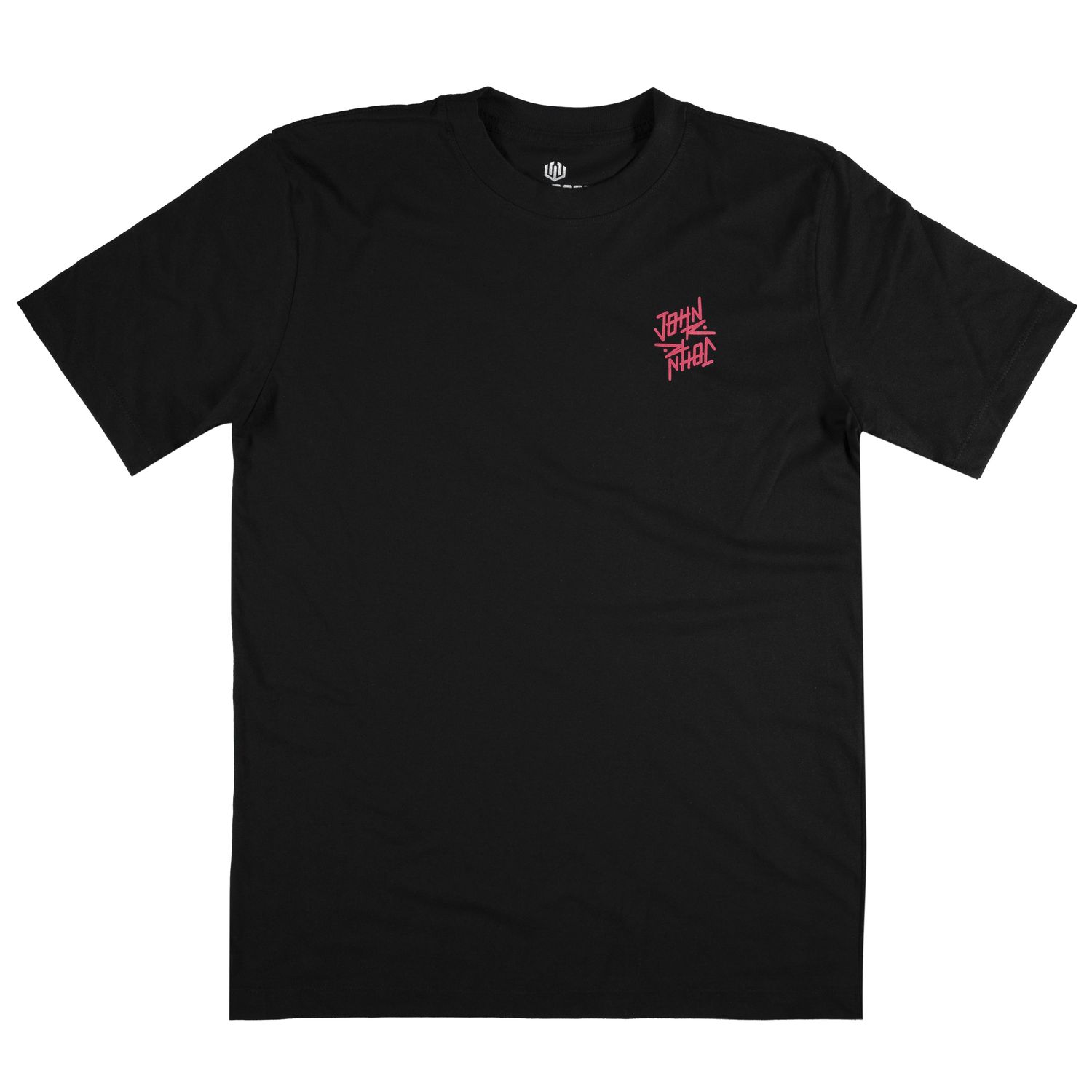 Men&#39;s black short-sleeve T-shirt John Roger with a front print that says &quot;JOHN&quot; in pink.