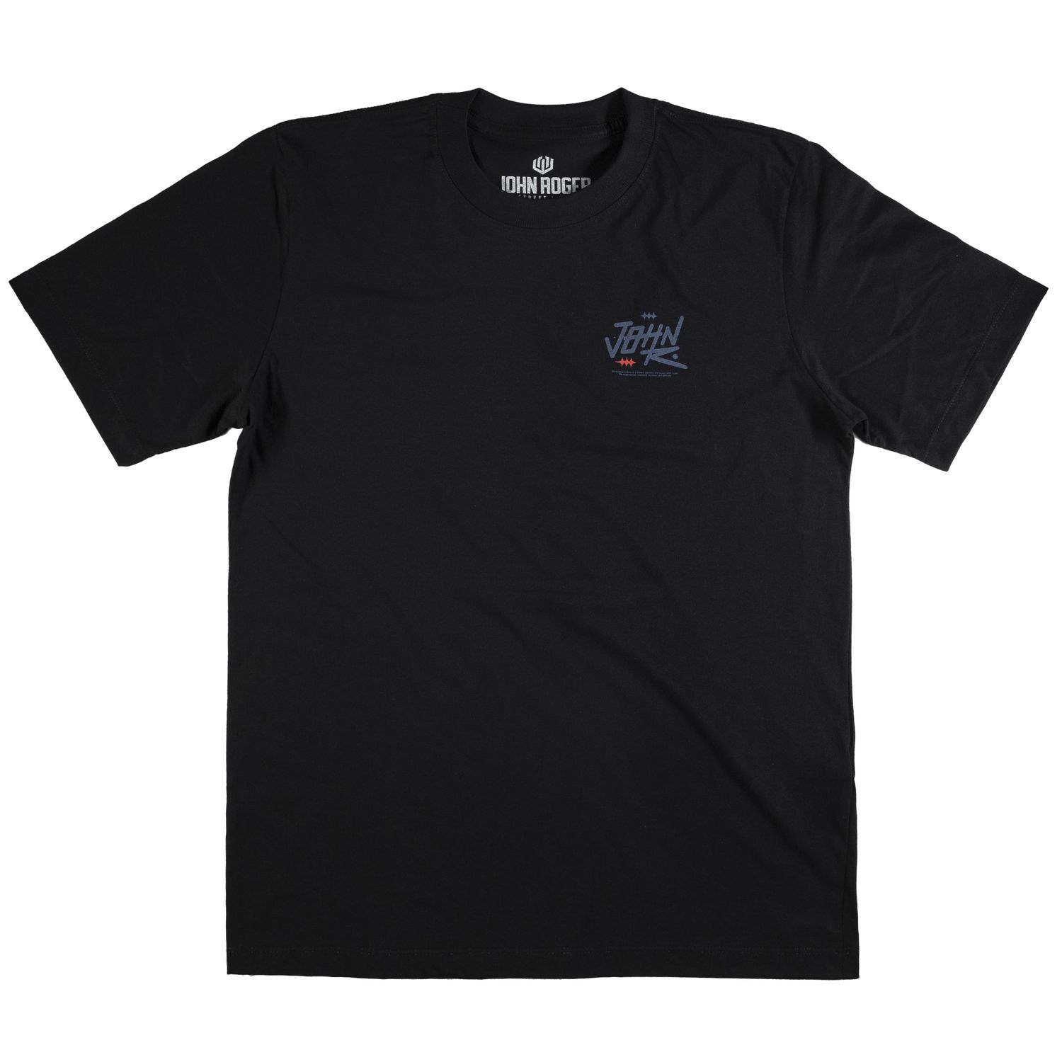 Men&#39;s black short-sleeve T-shirt with a front print that says &quot;John&quot; in purple.