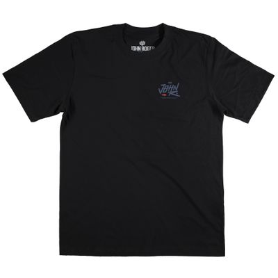 Men&#39;s black short-sleeve T-shirt with a front print that says &quot;John&quot; in purple.